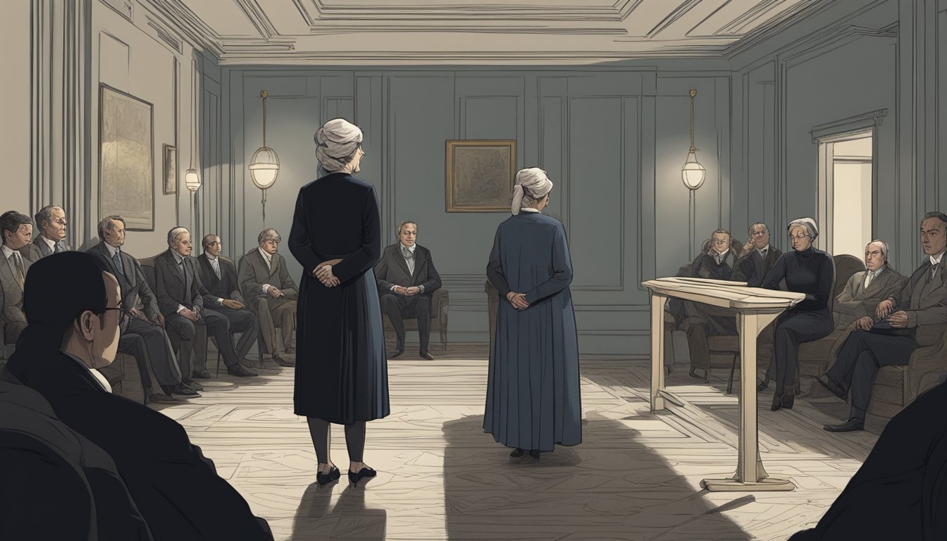 A somber widow stands in a dimly lit room, surrounded by a group of stern-faced critics. She listens intently, her posture reflecting both vulnerability and determination