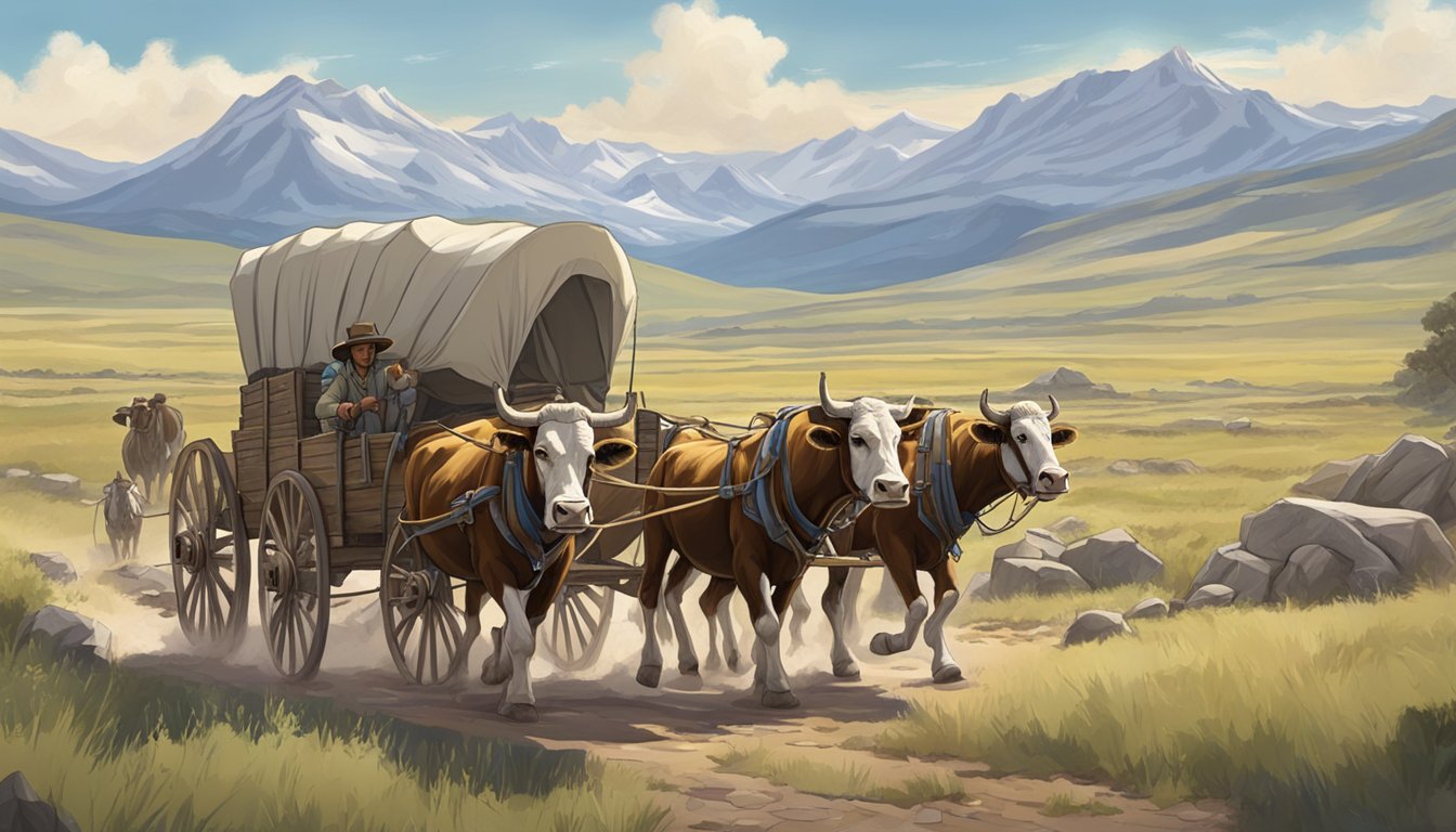 A team of oxen pulling a covered wagon through the rugged terrain of the Oregon Trail, surrounded by vast open plains and distant mountains