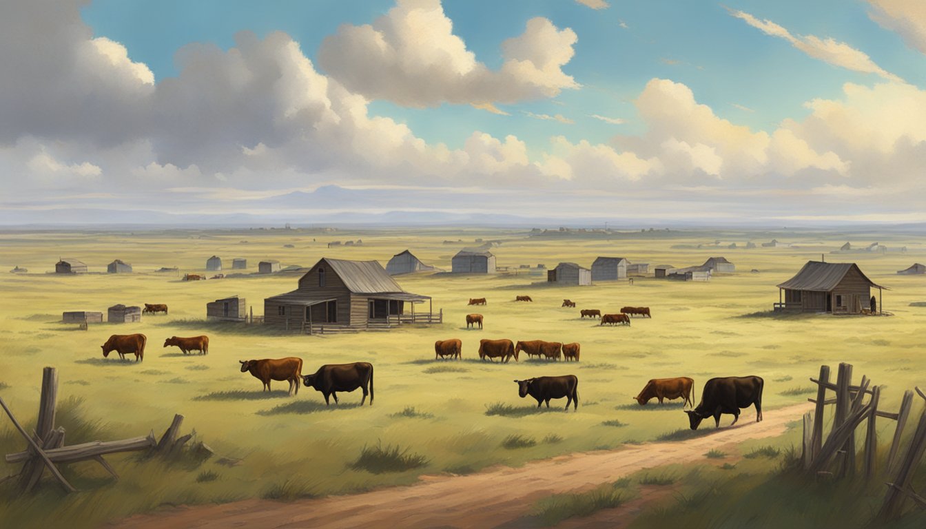 The rolling plains of 1883's Texas, with cattle grazing and a small settlement in the distance, under a vast, open sky