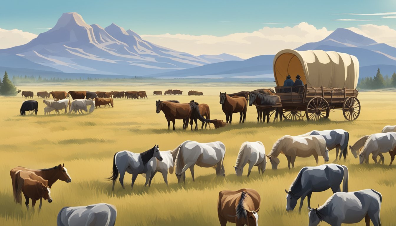 A herd of cattle and horses graze in a vast, open prairie landscape, with a covered wagon and distant mountains in the background