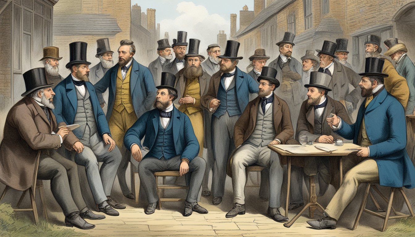 A group of people in 1883 England conversing in different regional accents, reflecting the evolving diversity of English language