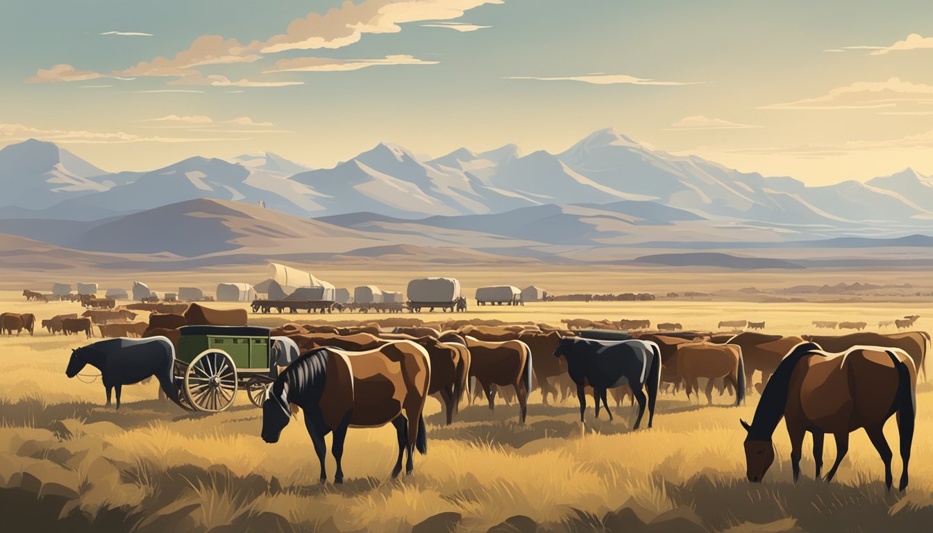 A herd of cattle and horses graze in a vast, open plain with mountains in the distance. A wagon train can be seen in the background