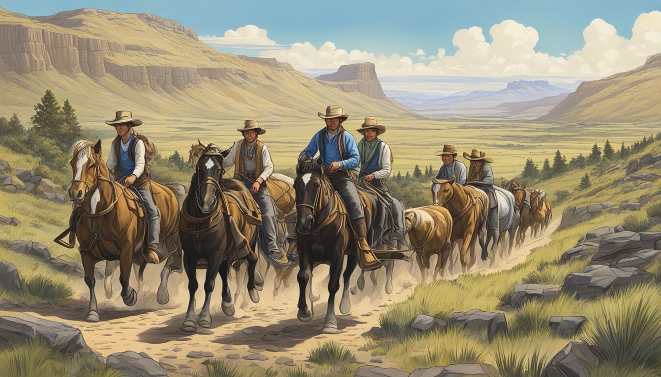 A group of pioneers herding cattle and horses through rugged terrain on the Oregon Trail