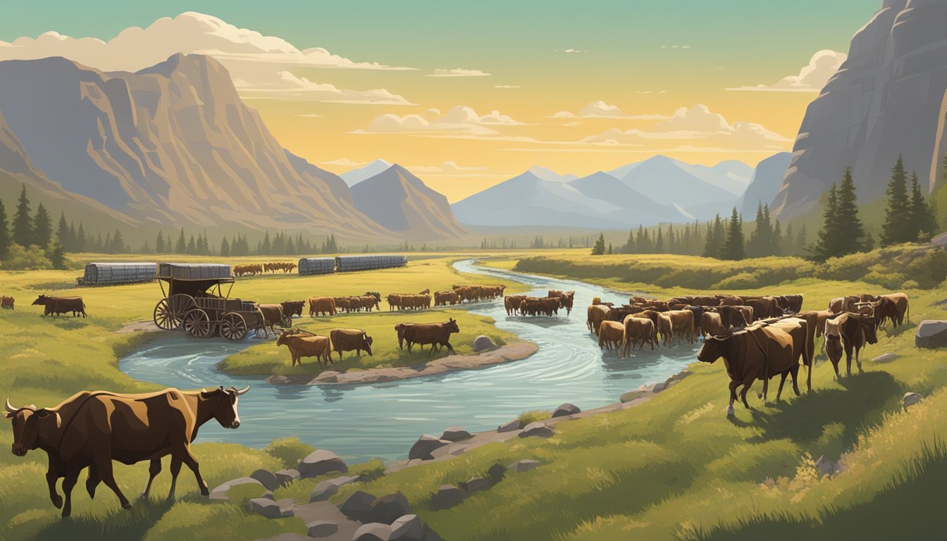 A herd of cattle and wagons move along the Oregon Trail, passing by towering mountains and winding rivers