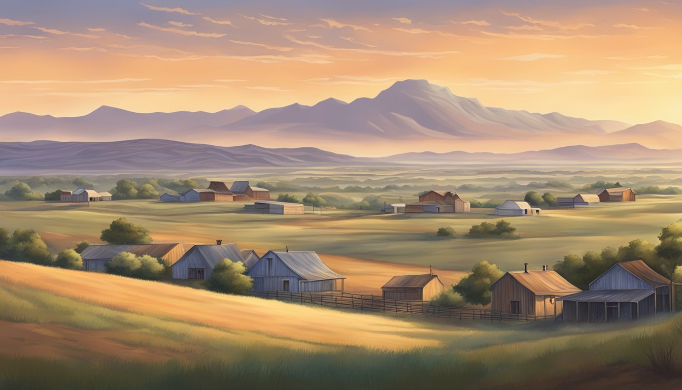 A dusty Texas landscape with a small town in the distance, surrounded by rolling hills and a big sky