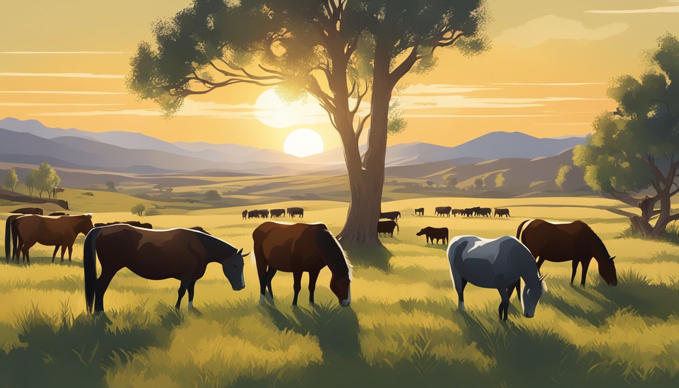 A herd of cattle and horses graze in a grassy meadow, surrounded by rugged terrain and a setting sun