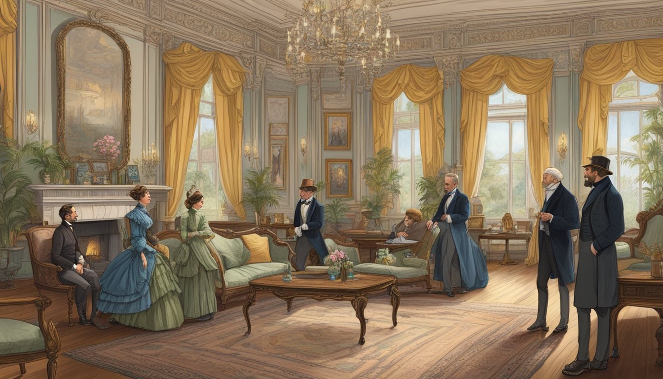 A group of characters in period clothing converse in a grand Victorian drawing room, with elaborate furnishings and decor indicative of the 1880s