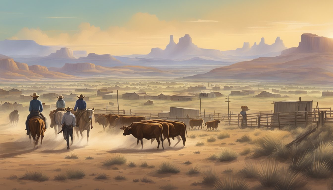 A dusty Texas landscape with cattle, cowboys, and a small frontier town in the distance