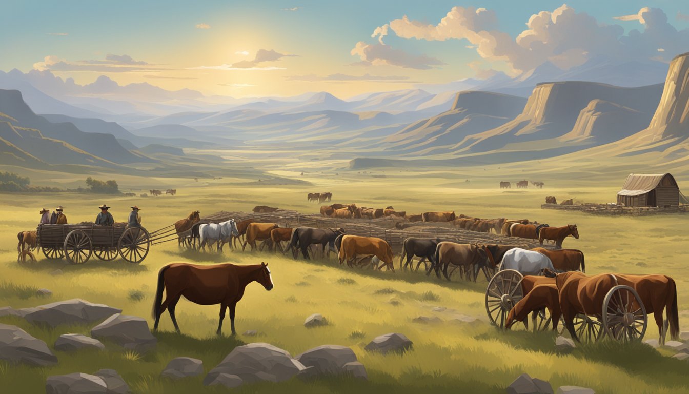 A herd of cattle and horses graze in a vast, rugged landscape. Covered wagons and pioneers are visible in the distance