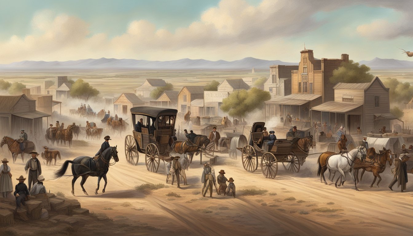 A dusty Texas landscape with a small wooden town, horses and carriages, and people in 19th-century attire