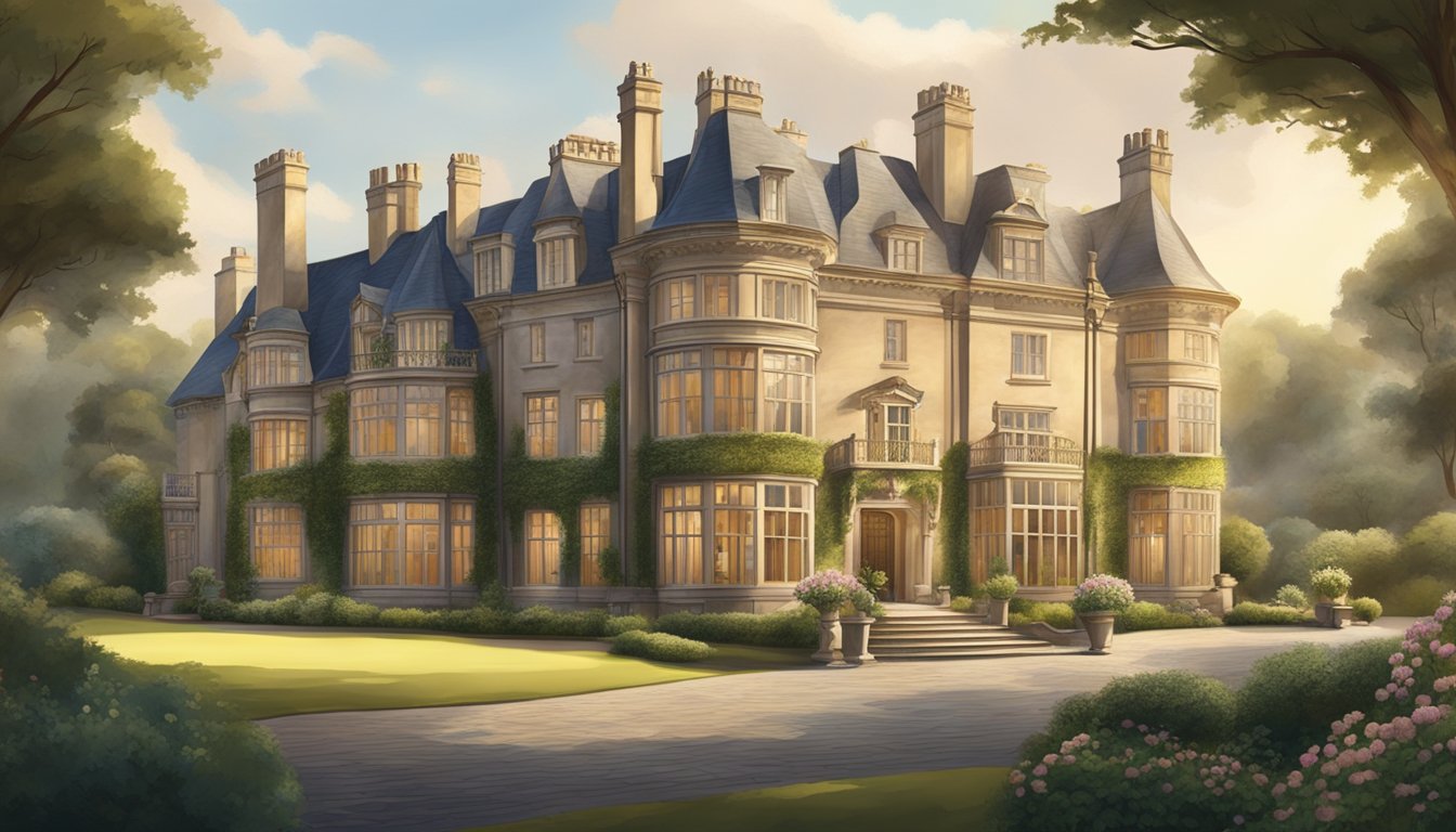 A grand English manor with opulent furnishings and period-accurate decor, set against a backdrop of rolling countryside and bustling city streets