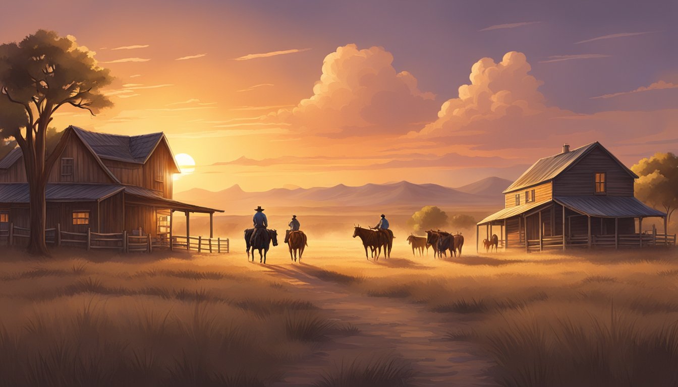 A dusty Texas landscape with a cattle ranch, wooden buildings, and cowboys on horseback, set against a dramatic sunset