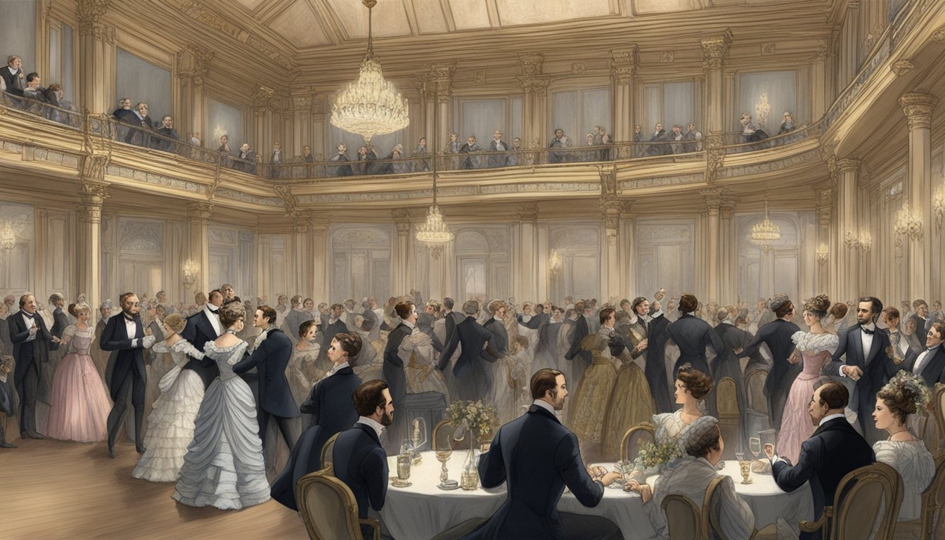 A grand ballroom filled with elegantly dressed characters from the late 19th century, conversing and dancing to live music in "1883."