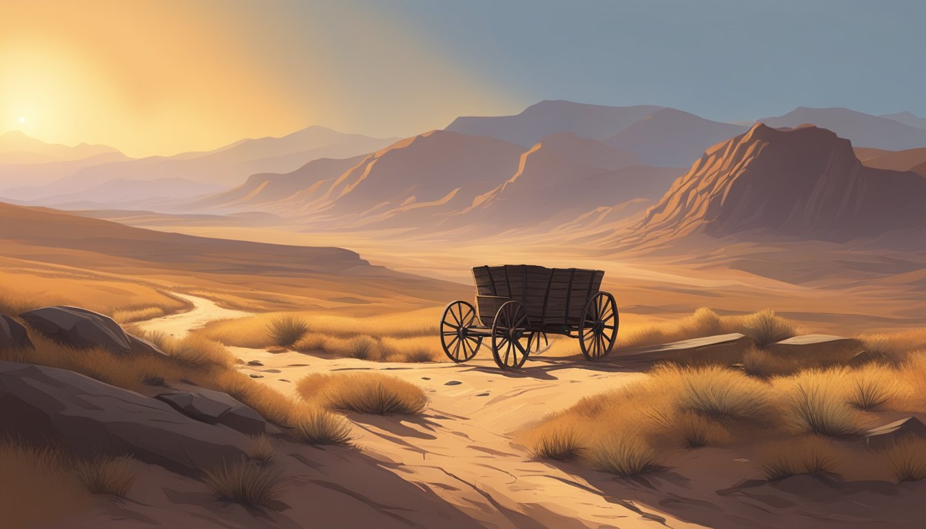 A dusty trail winds through rugged terrain, with a lone wagon wheel abandoned in the harsh landscape. The setting sun casts long shadows over the desolate scene