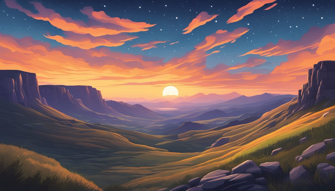 A vast, rugged landscape with rolling hills and dramatic cliffs, framed by a vibrant sunset and a clear, starry sky