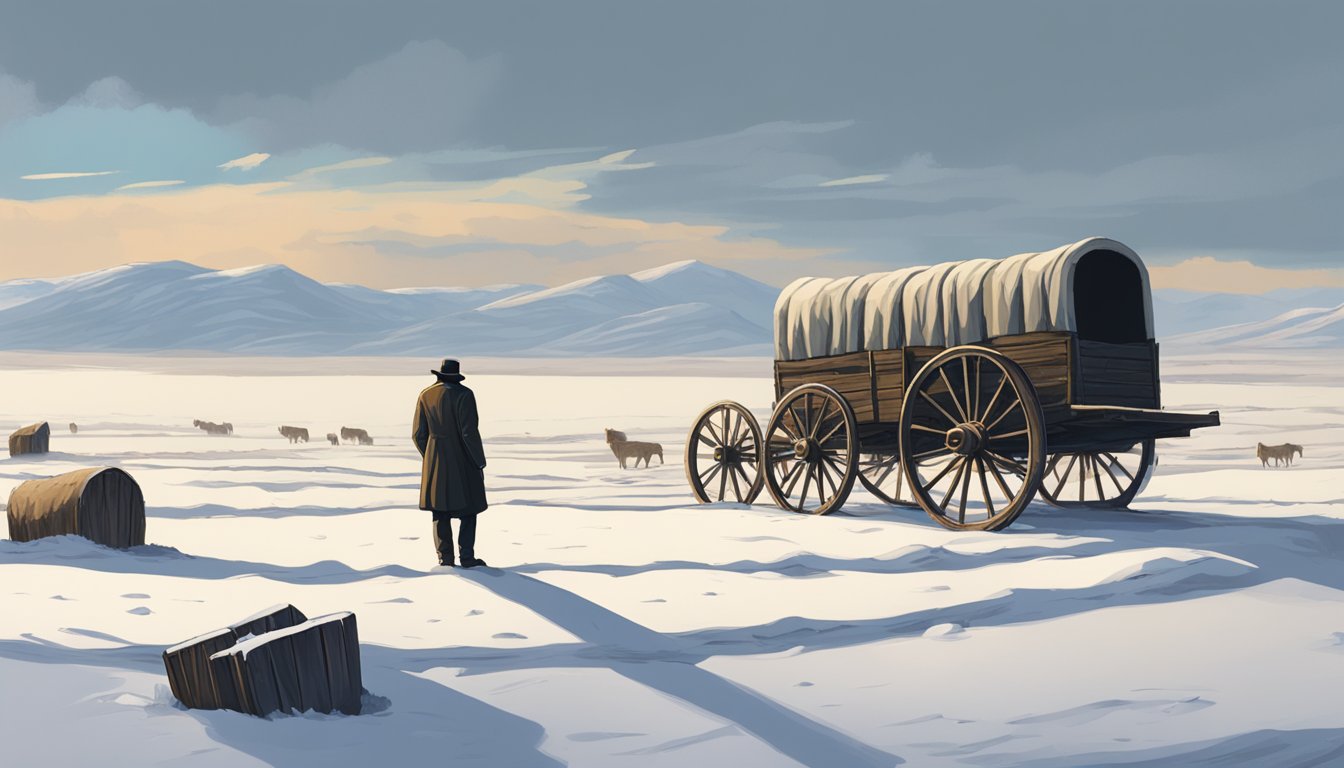 A lone figure stands in a desolate, snow-covered landscape, surrounded by the remnants of a wagon train. The weight of tragedy and loss is palpable in the air