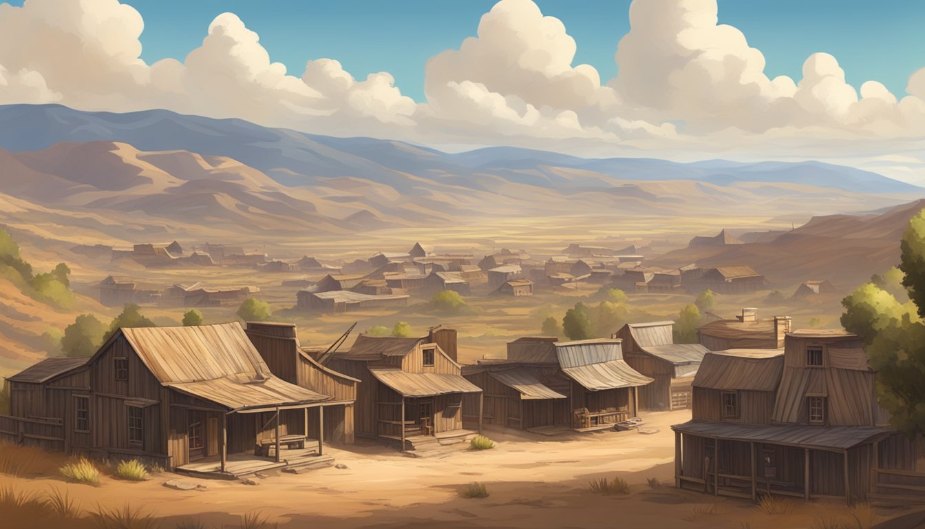 A rugged, dusty landscape with a rustic, old western town nestled in the valley, surrounded by rolling hills and a vast, open sky