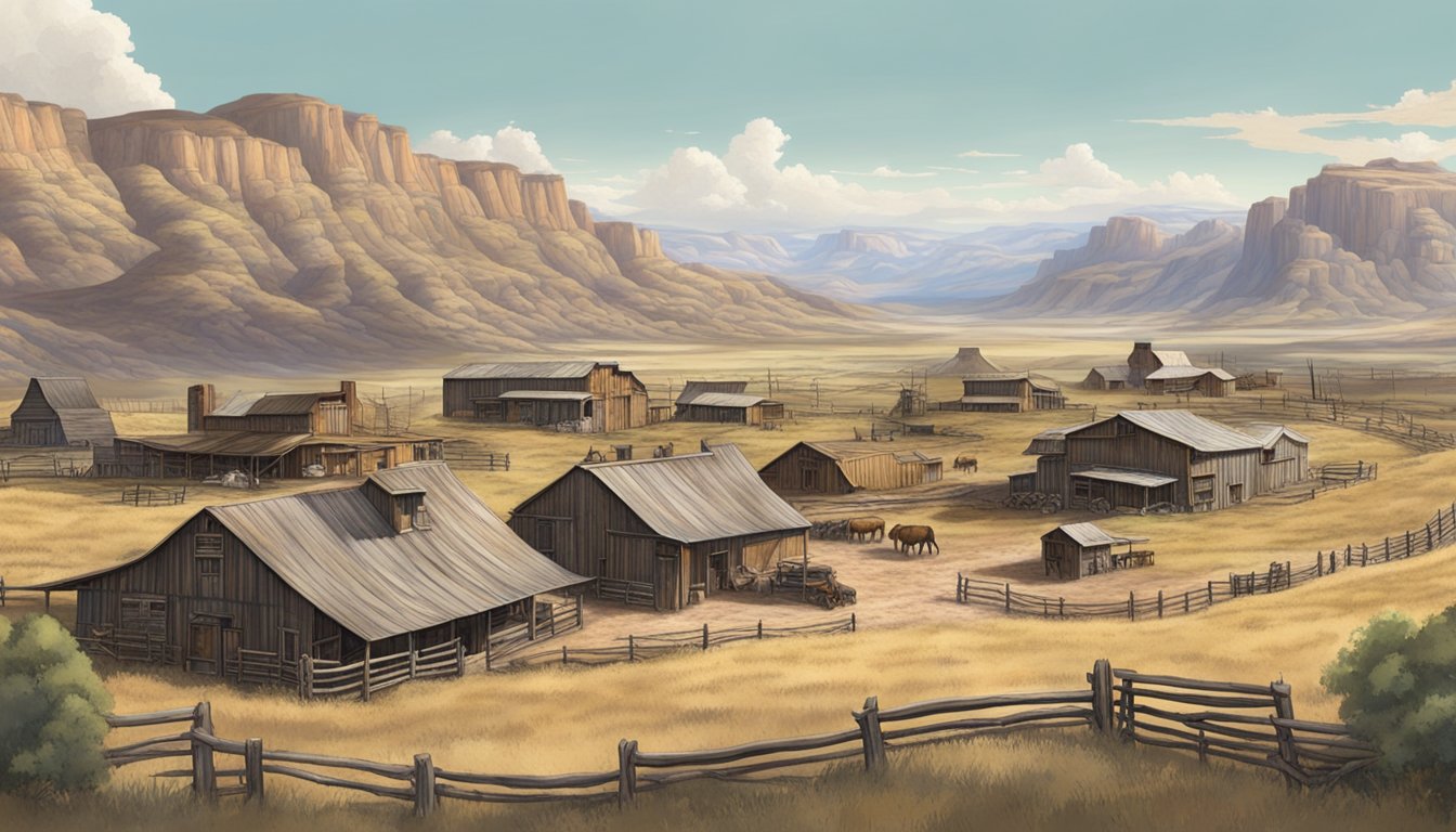 A sprawling, rugged ranch set against a vast, untamed frontier landscape, with weathered buildings and corrals, surrounded by rolling hills and open skies