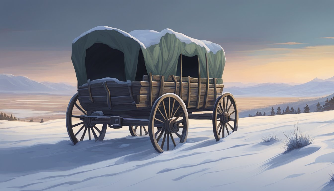 A lone wagon sits abandoned in a desolate, snow-covered landscape, surrounded by the eerie silence of the wilderness