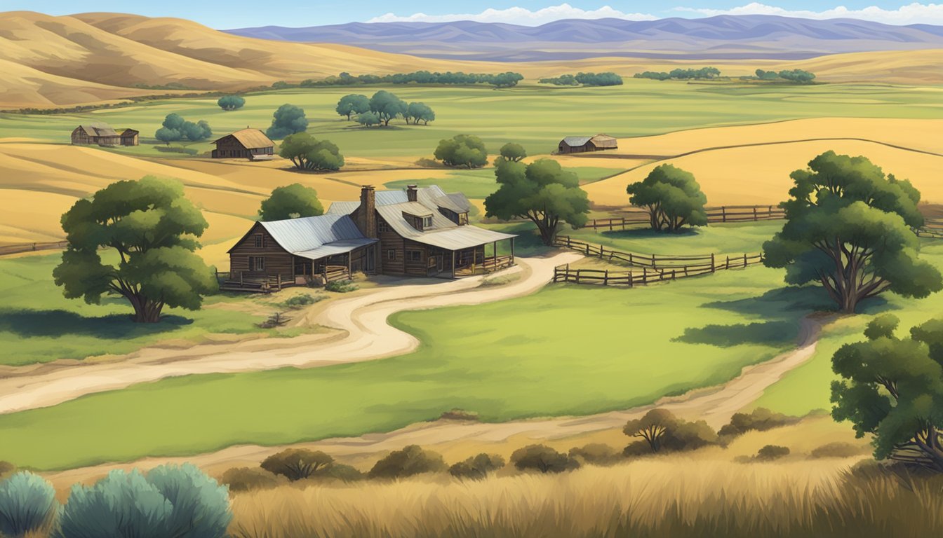 The vast and rugged landscape of the Dutton Ranch, with rolling hills, a meandering river, and a rustic homestead nestled among the open plains