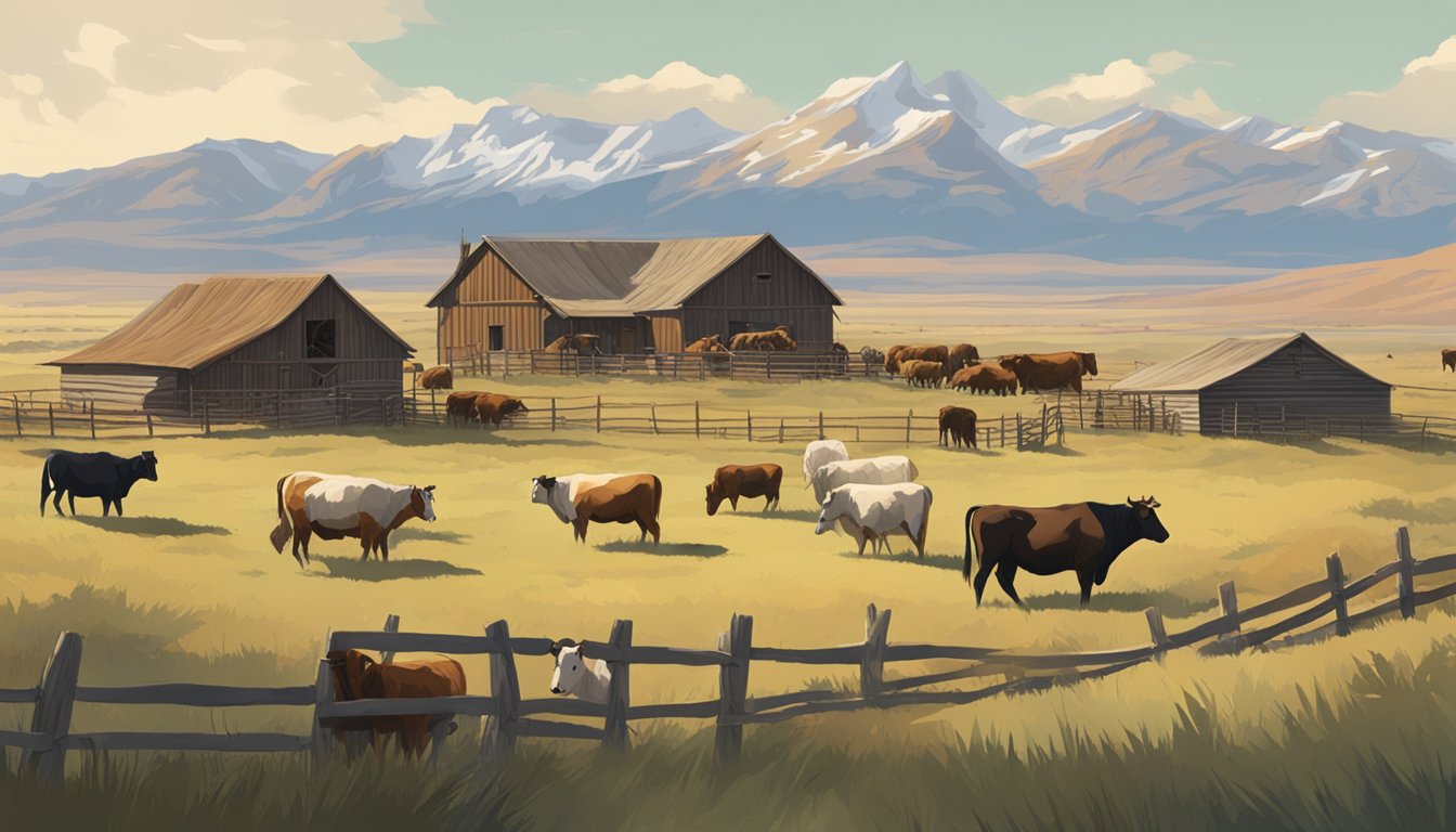 A sprawling, rugged ranch surrounded by vast open plains and towering mountains, with rustic buildings and livestock grazing in the distance