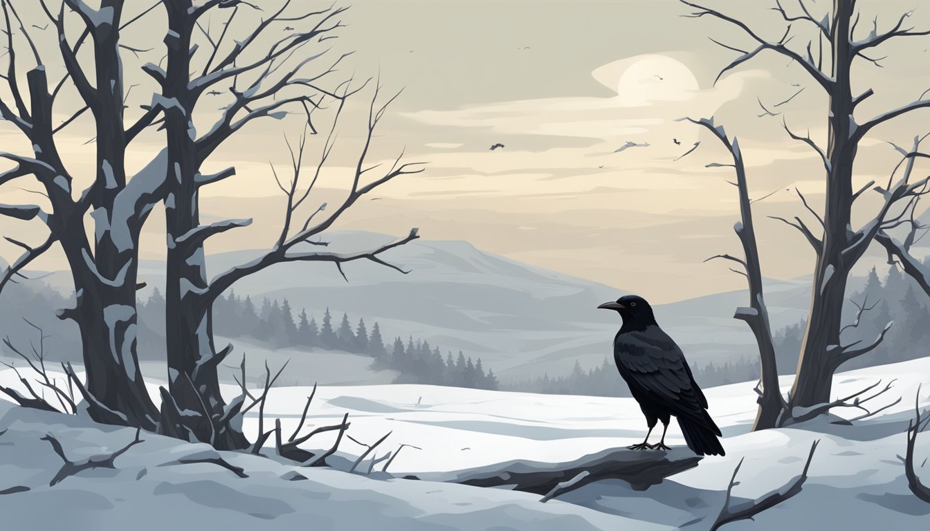 A lone, barren tree stands against a desolate, snow-covered landscape. A crow perches on a branch, surrounded by scattered animal bones