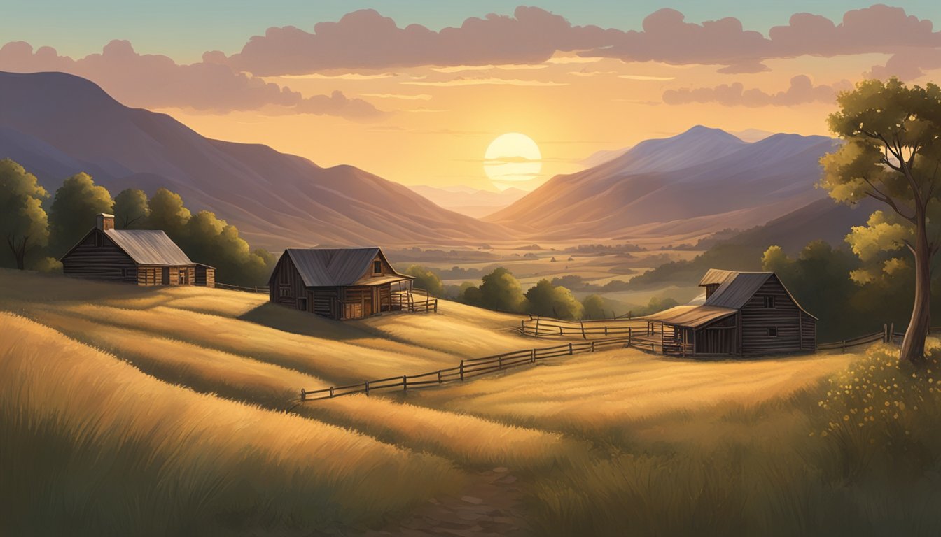 A vast, rugged landscape with rolling hills and a rustic homestead nestled in the distance. The sun sets behind the mountains, casting a warm glow over the historic filming site of "1883."