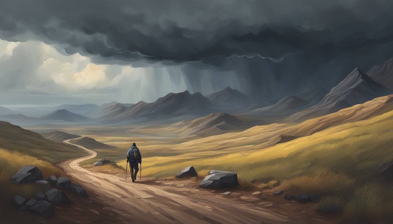 A desolate trail winds through rugged terrain under a stormy sky, with a solitary figure trudging along, burdened by the weight of their journey