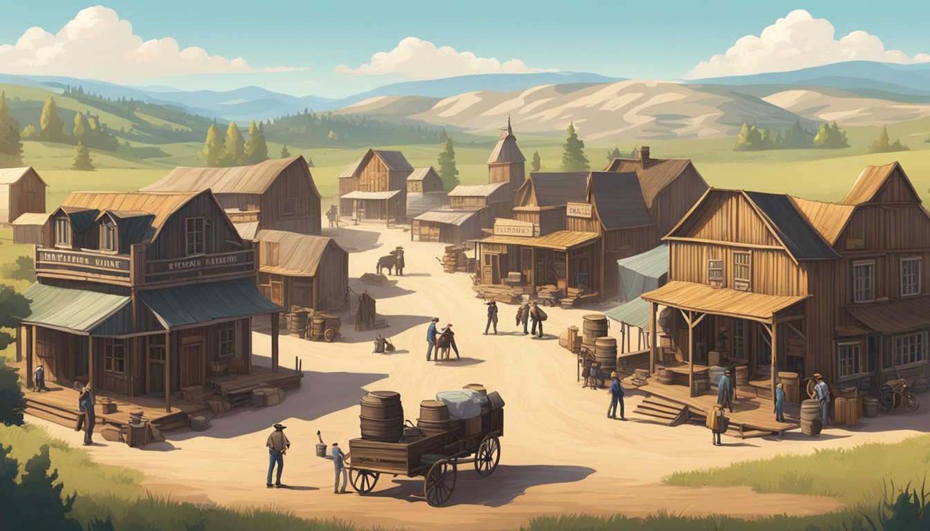 A rustic western town with wooden buildings and dirt roads, surrounded by rolling hills and open fields. A film crew is setting up equipment in the main square