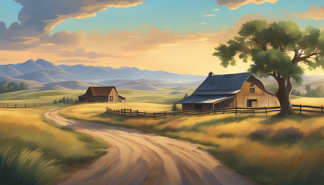 A sprawling ranch landscape with a rustic homestead, rolling hills, and grazing cattle under a big sky