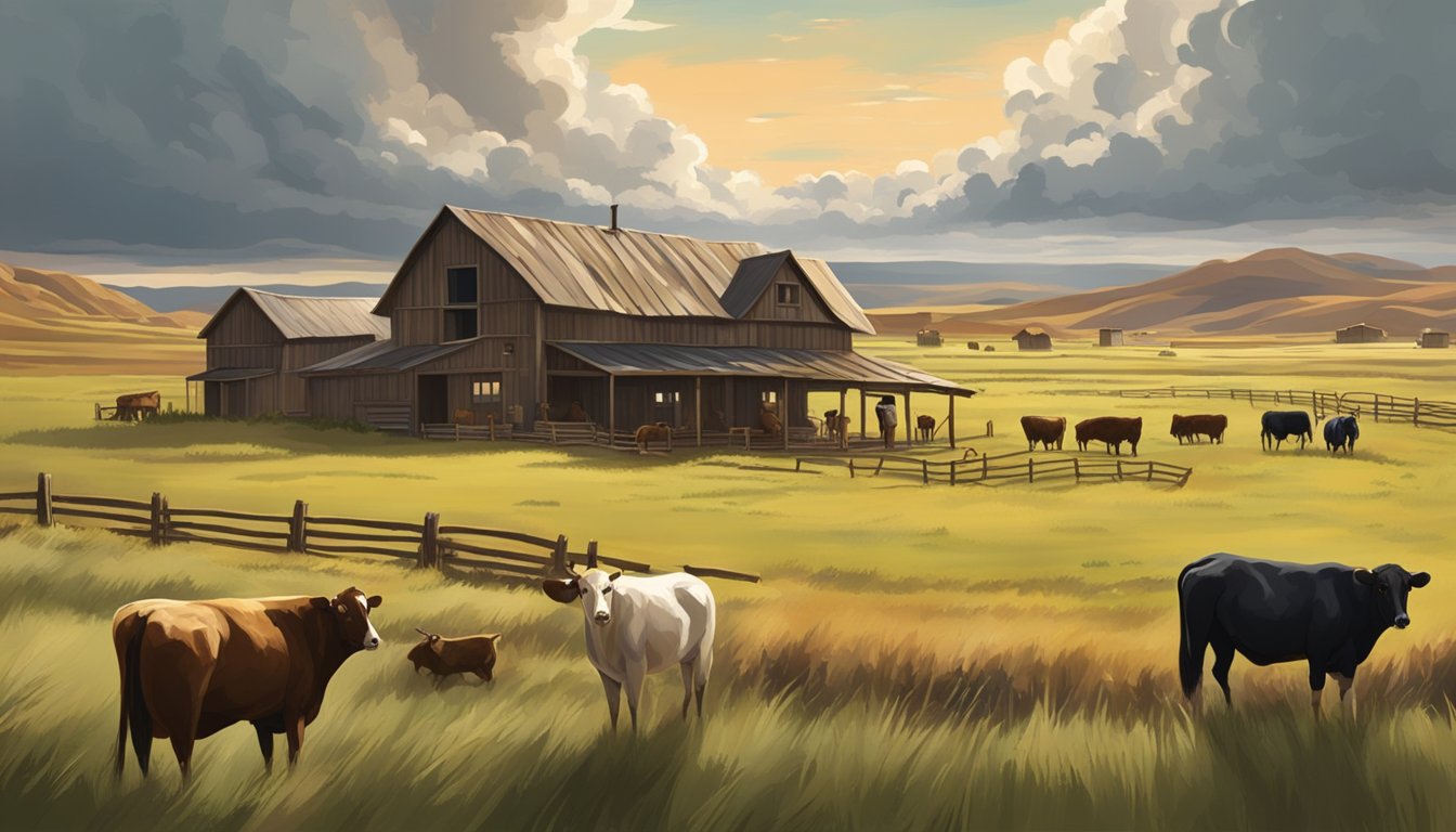 A sprawling ranch landscape with rustic buildings, wide open fields, and grazing livestock under a vast, dramatic sky