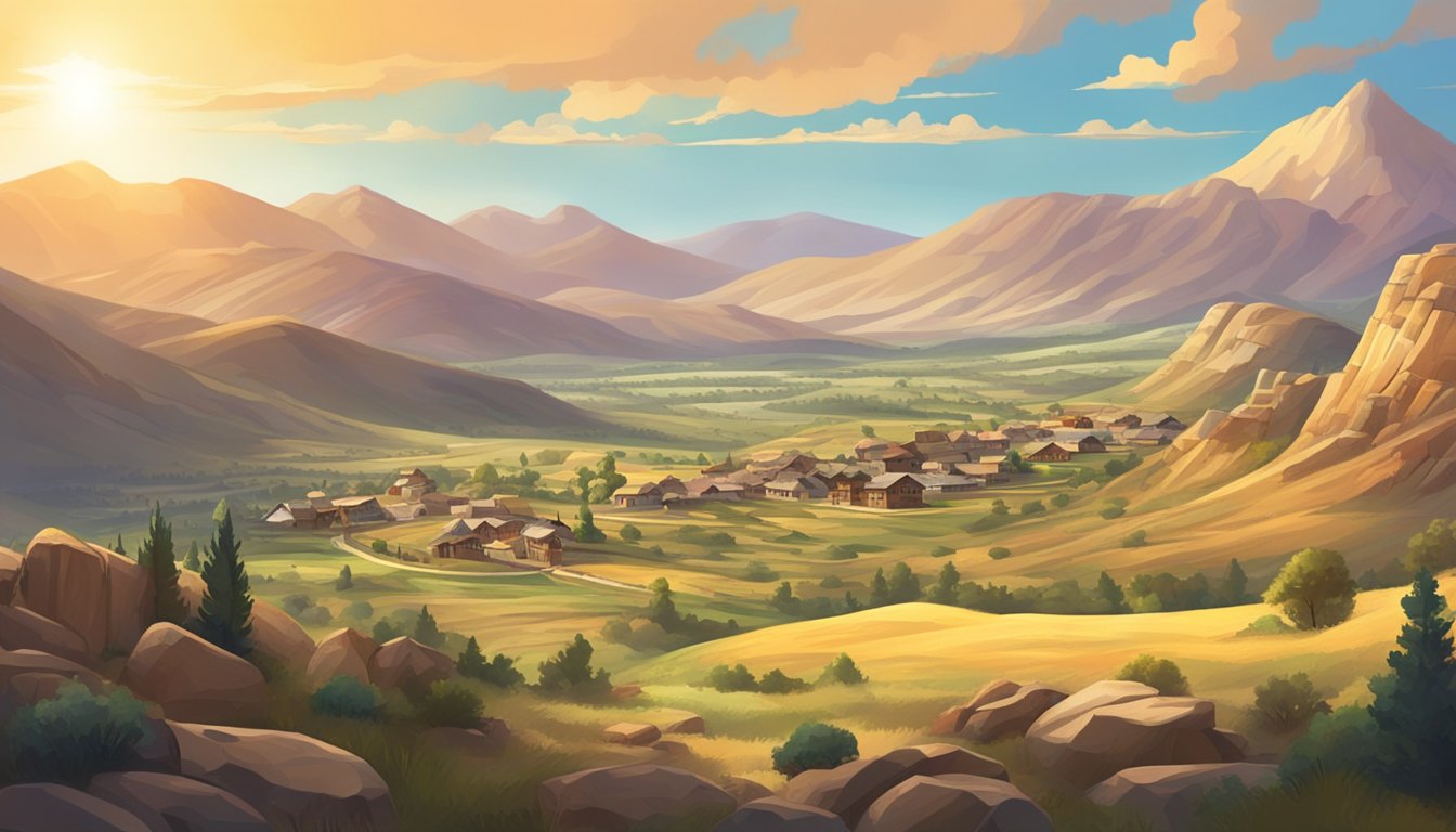 A panoramic view of a rugged, sun-drenched western landscape with a small, rustic town nestled among rolling hills and a vast, open sky