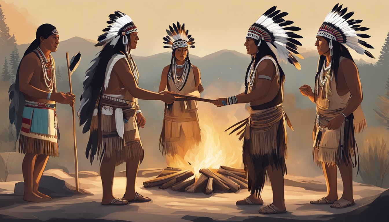 A group of Native Americans gather around a ceremonial fire, adorned in traditional clothing and headdresses, as they perform a ritual dance