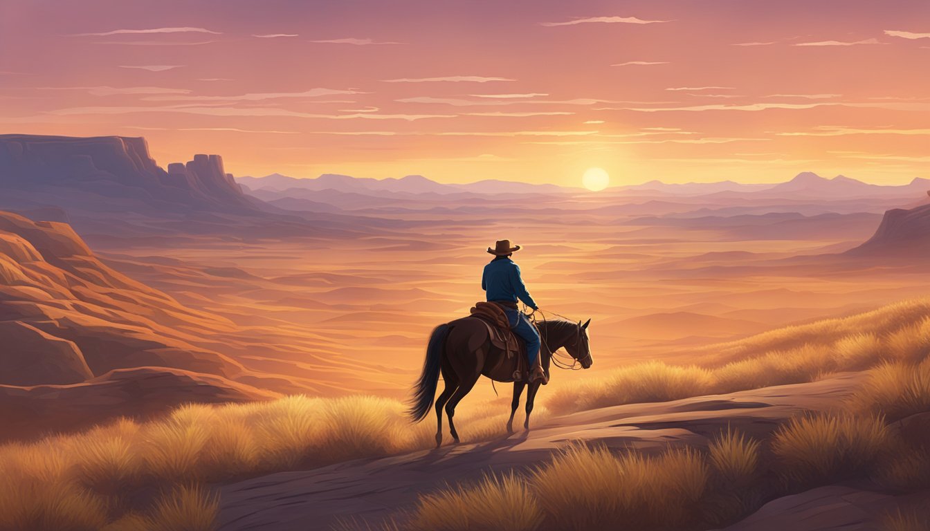 A lone cowboy riding across a vast, rugged landscape at sunset