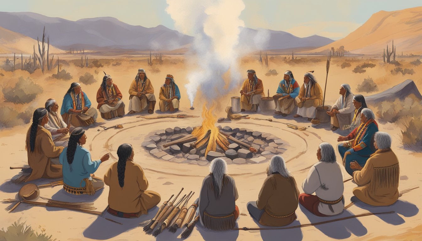 A circle of Native American elders performing a ritual around a central fire, with traditional instruments and ceremonial regalia