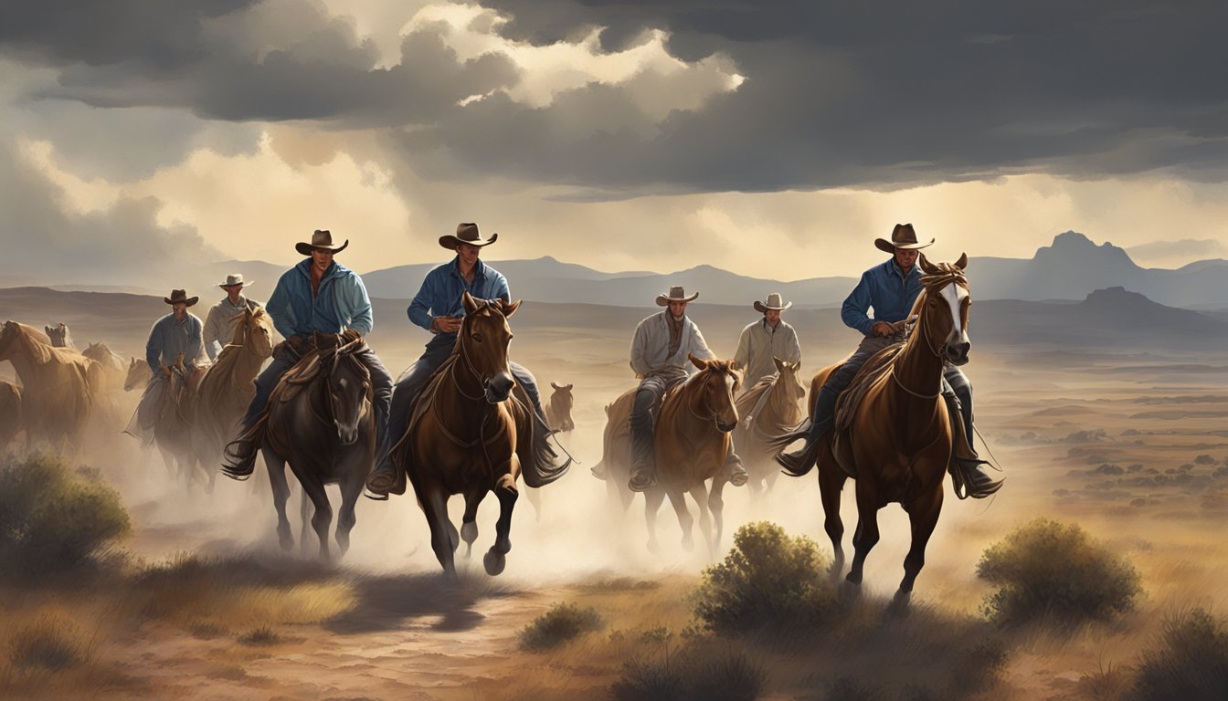 A group of cowboys riding through a rugged, open landscape with cattle and horses, under a dramatic sky