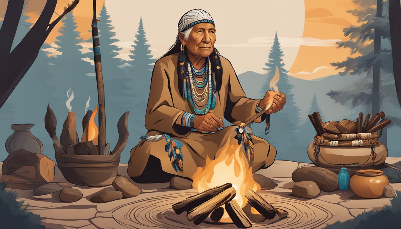 A Native American elder performs a ritual around a sacred fire, surrounded by traditional ceremonial items and symbols