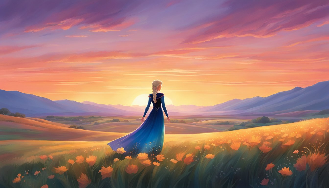 Elsa stands in a vast prairie, surrounded by rolling hills and a vibrant sunset. Her silhouette is framed by the fading light, capturing her sense of independence and determination