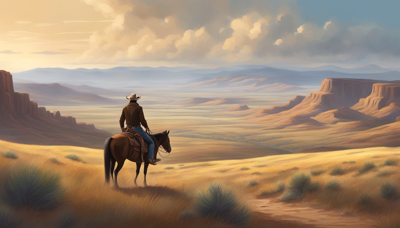 A lone cowboy rides through a rugged, untamed landscape, with a vast expanse of open sky and rolling hills in the background