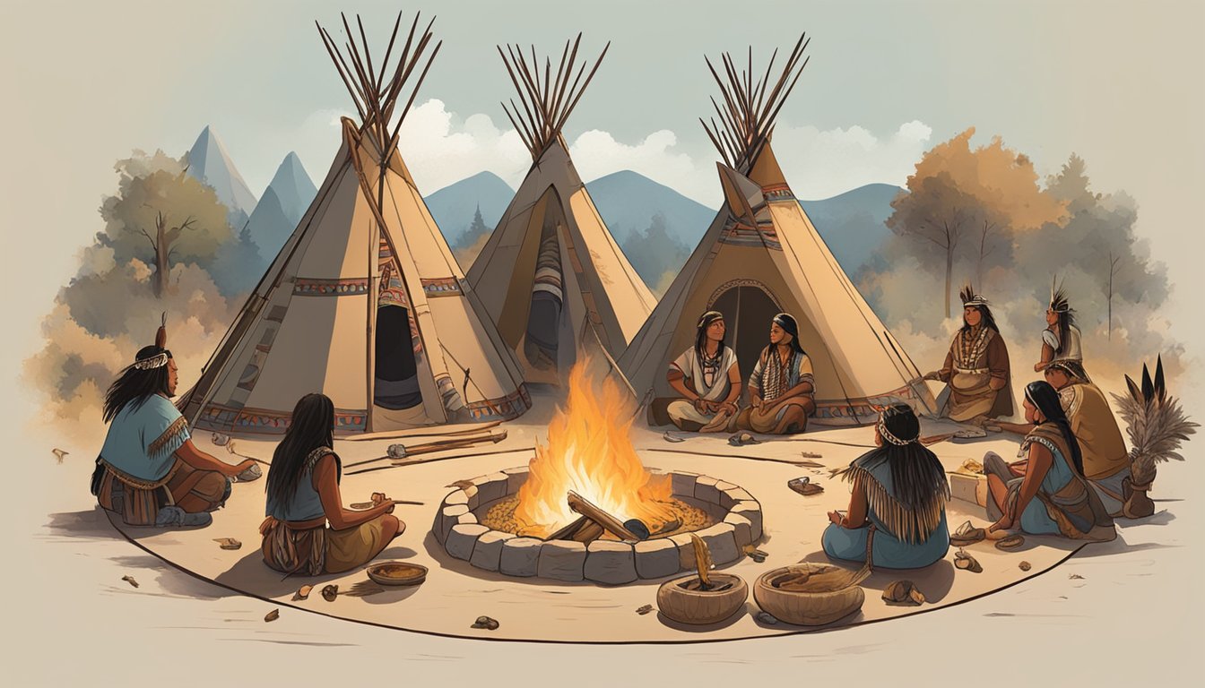 A circle of teepees surrounds a central fire pit, adorned with feathers, animal hides, and ritualistic objects. A group of Native Americans gather in traditional dress, performing a sacred ceremony