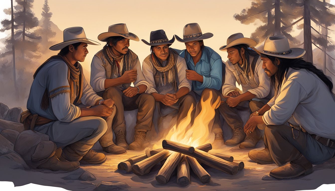 A group of cowboys and indigenous people gather around a campfire, sharing stories and traditions, highlighting the cultural exchange and mutual respect between the two communities