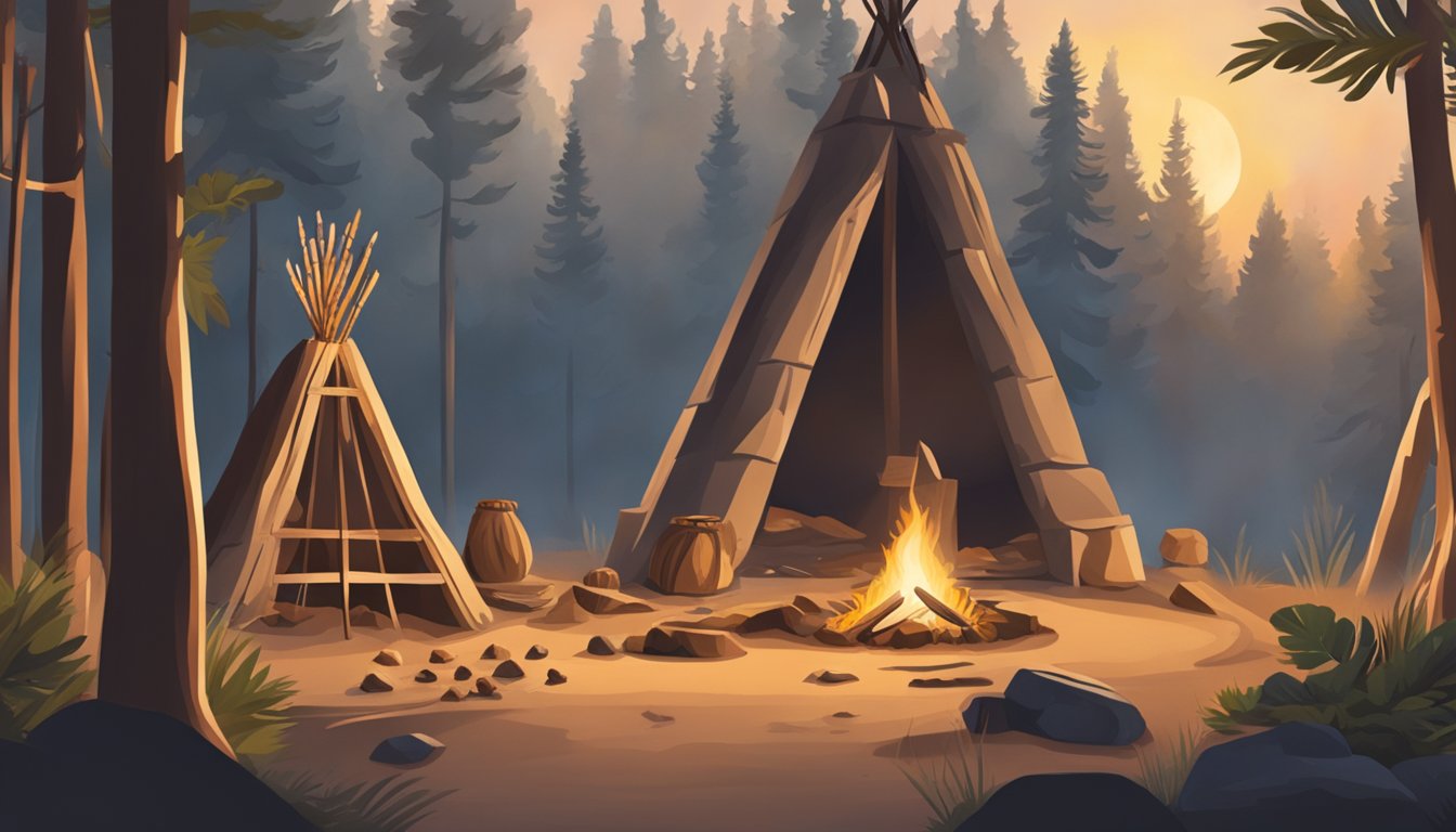 A traditional Native American ritual site with a sacred fire, ceremonial objects, and offerings in a serene natural setting