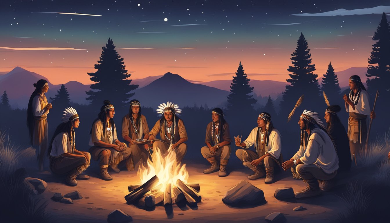 A group of Native Americans perform a traditional ritual around a campfire under the night sky