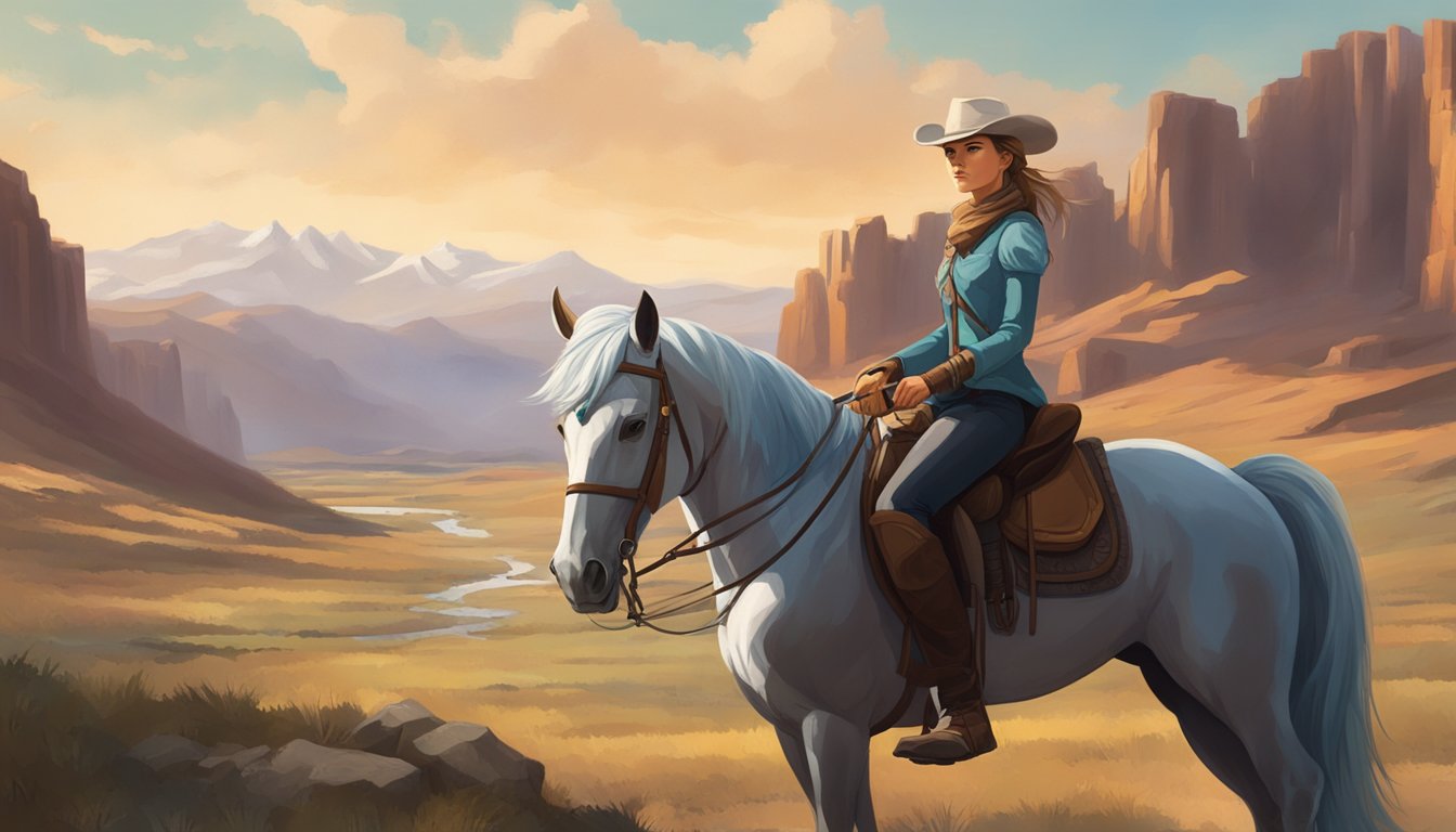 A young woman on horseback, facing a rugged landscape with a determined expression, symbolizing Elsa's coming-of-age journey in a modern western setting