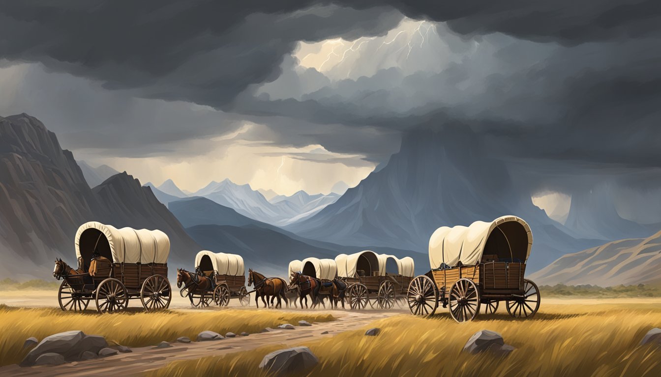 A group of covered wagons traverses a rugged landscape, with towering mountains in the background and a storm brewing on the horizon