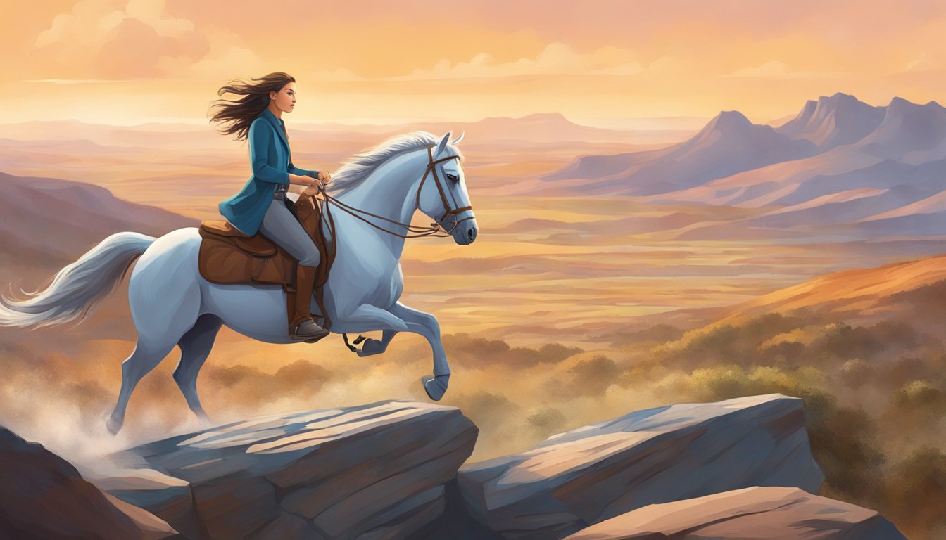 A young woman rides a spirited horse through a rugged landscape, her determined expression reflecting a journey of self-discovery