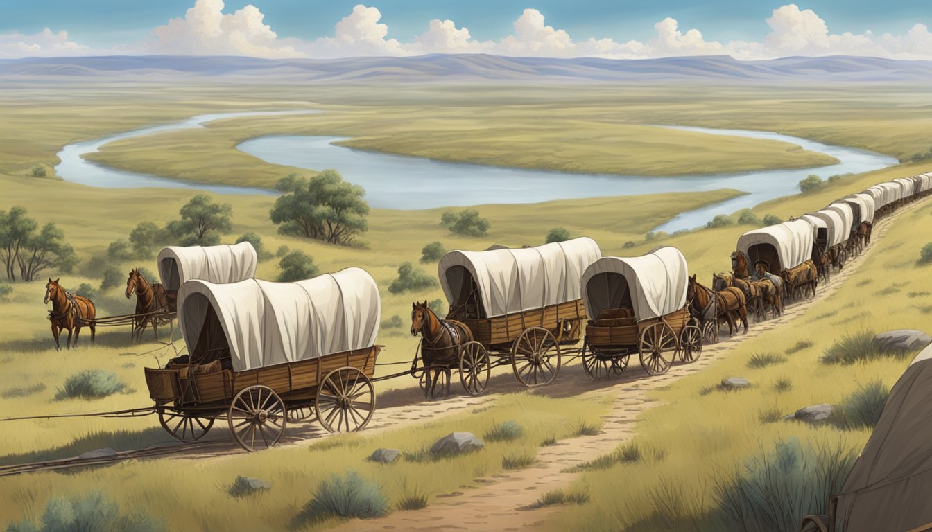 A long line of covered wagons stretches across the vast prairie, winding through the rugged terrain as the pioneers embark on their journey westward