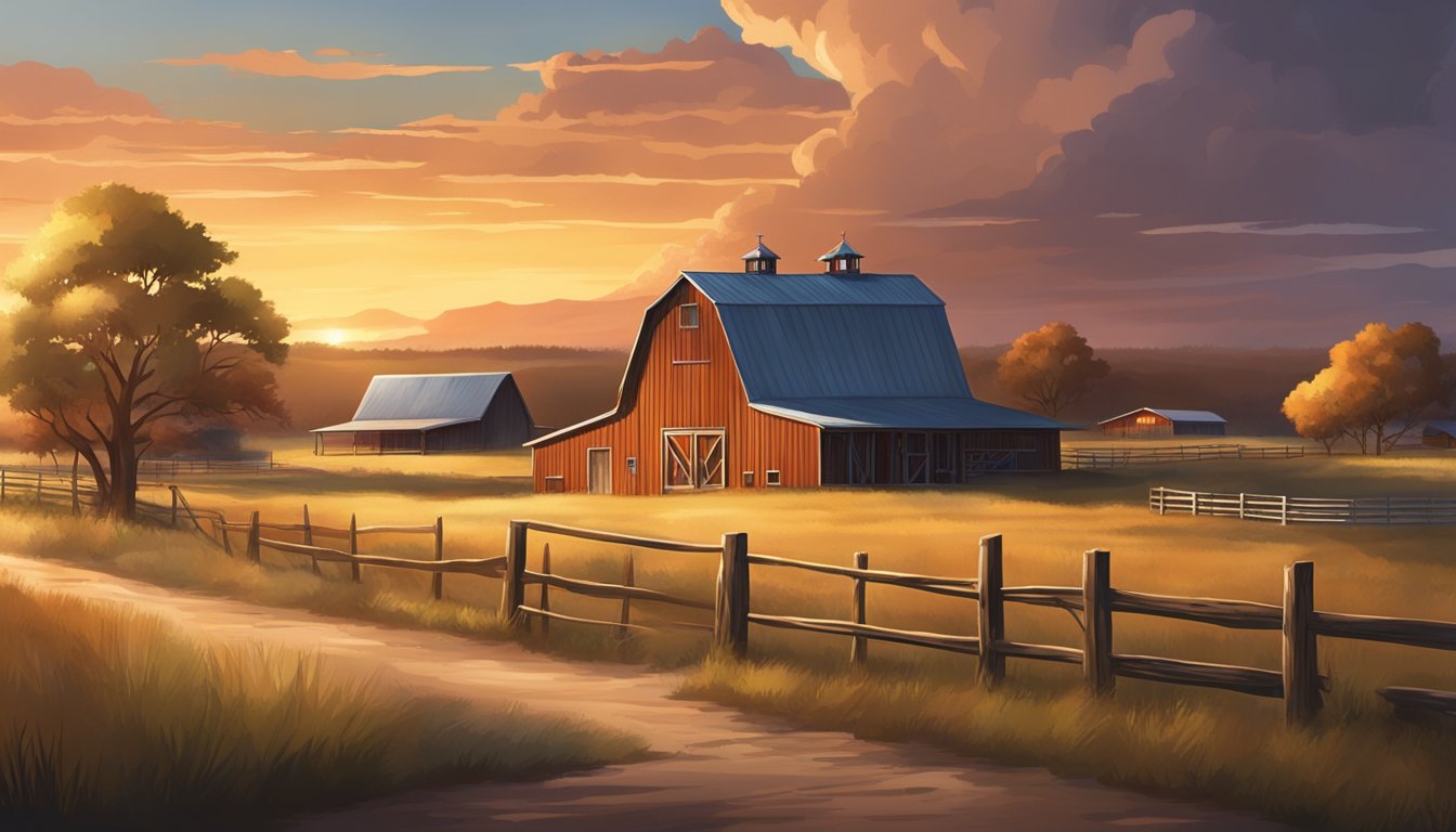 A modern ranch setting with sweeping prairies, rustic barns, and a dramatic sunset over the horizon