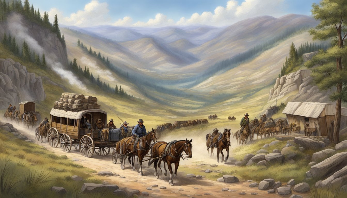 A wagon train traverses rugged terrain, symbolizing the hardships and perseverance of American pioneers in 1883