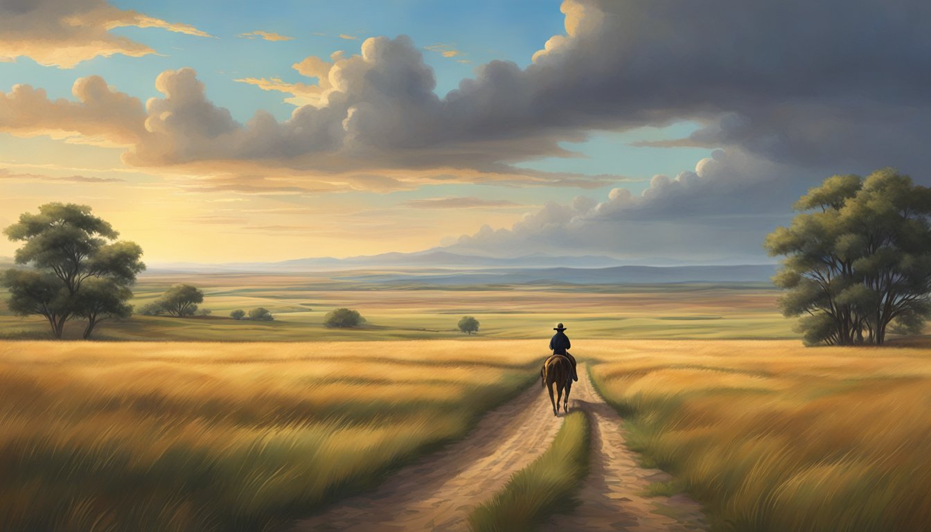 A wide, open prairie stretches out under a vast, dramatic sky, with a lone figure on horseback riding towards the horizon